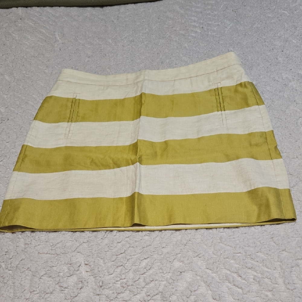 J.Crew Women's Mini Skirt in Cream and Green Stripes Linen Cotton Blend